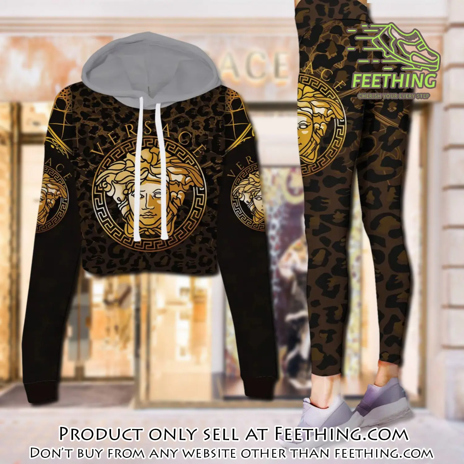 Versace medusa brown leopard pattern luxury brand clothes leggings and crop top set for women ft4343862
